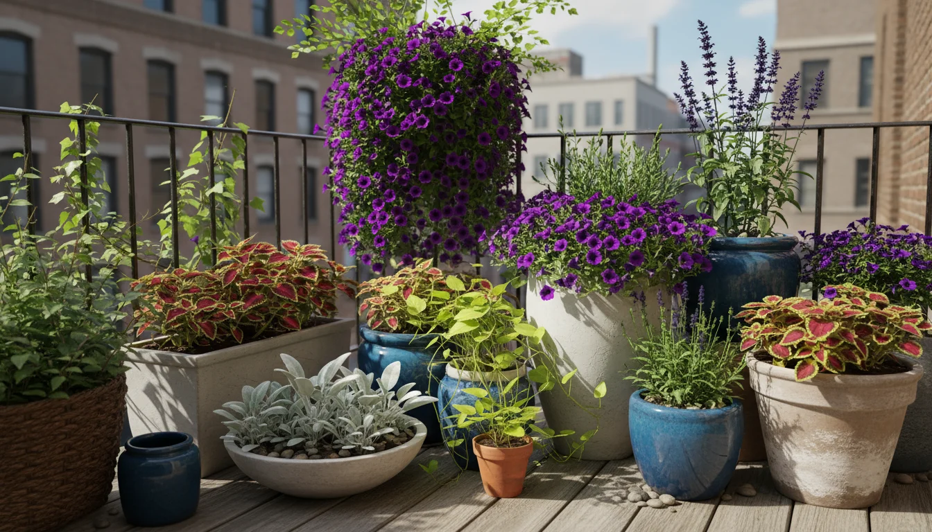 A vibrant arrangement of container plants on an urban balcony, showcasing diverse colors, textures, and heights for year-round appeal.