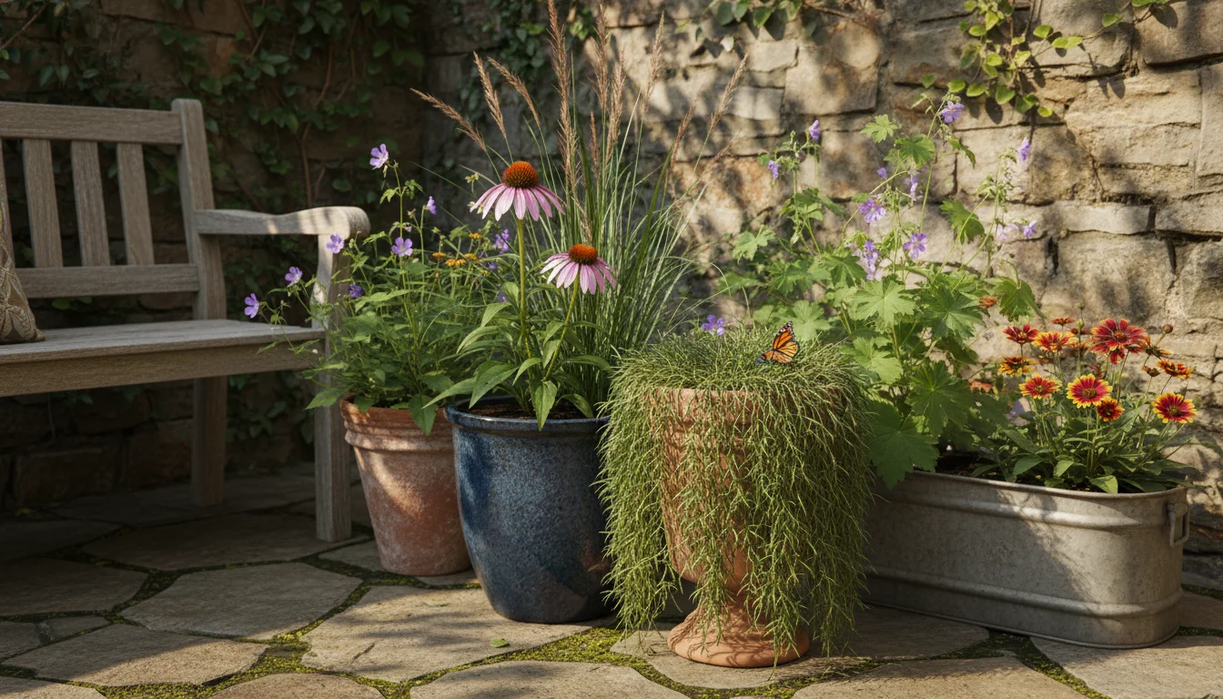 A vibrant arrangement of diverse native plants like purple coneflower and Little Blue Stem grass in mixed pots on an urban patio.