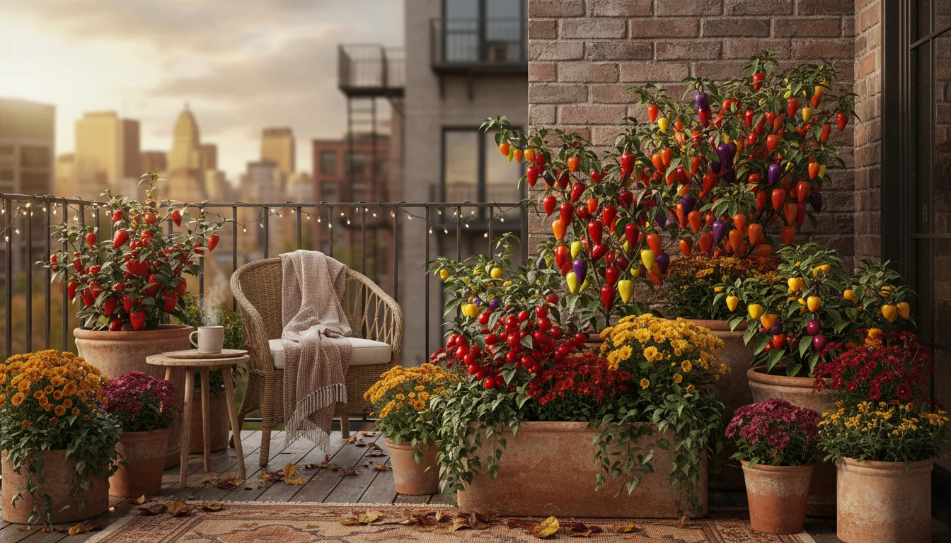 A vibrant autumn balcony display featuring layered ornamental pepper plants in terracotta pots and a planter box, with a watering can.