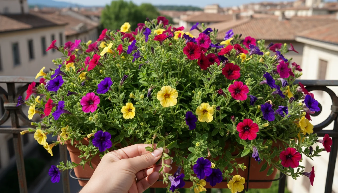 A vibrant balcony box of calibrachoa with dense new growth, numerous flower buds, and a hand gently touching fresh foliage.