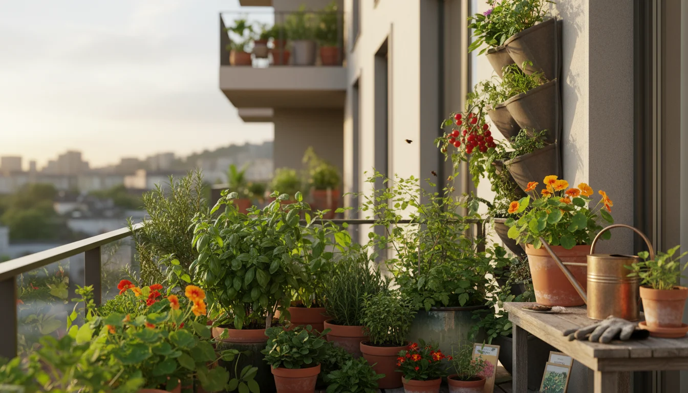 Vibrant balcony container garden in afternoon sun with a watering can and an unused bottle of organic liquid fertilizer on a potting bench.