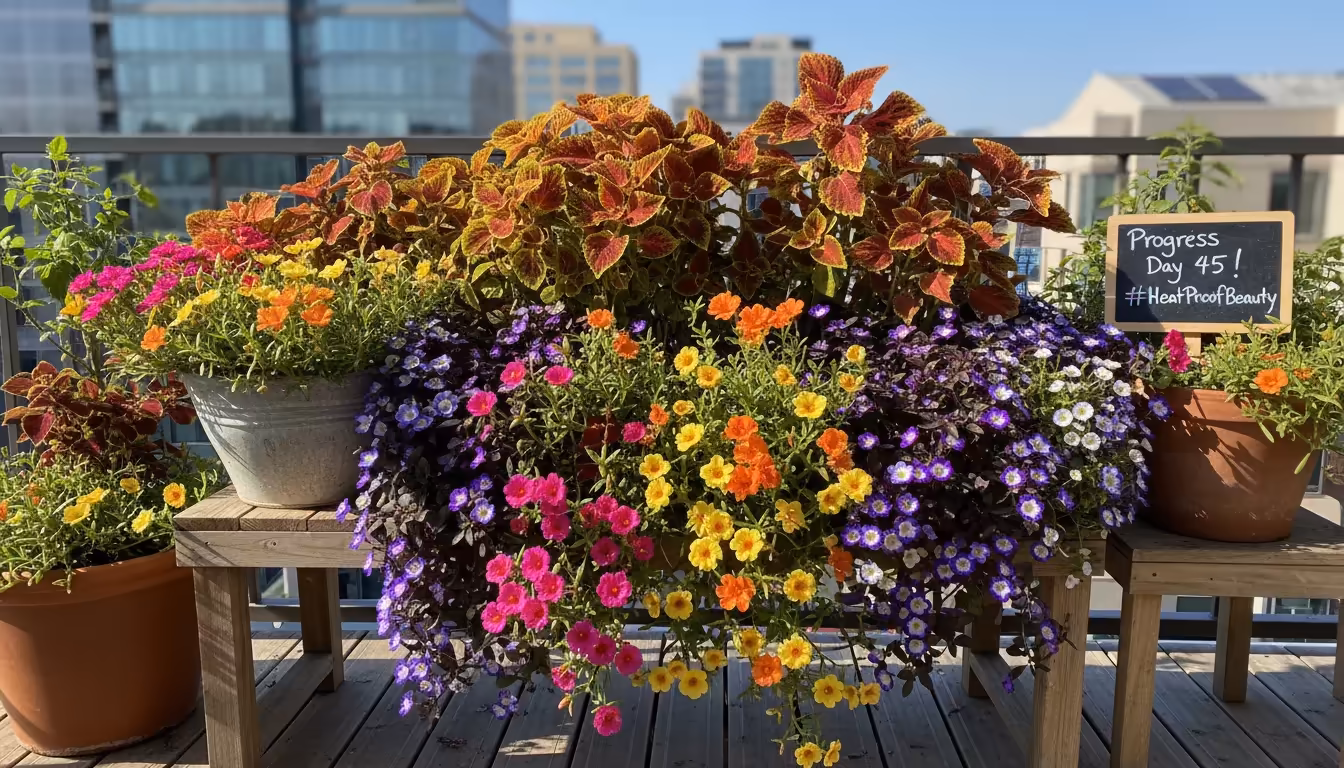 Vibrant balcony container garden with heat-tolerant Portulaca, Scaevola, and Coleus thriving in bright mid-day summer sun.