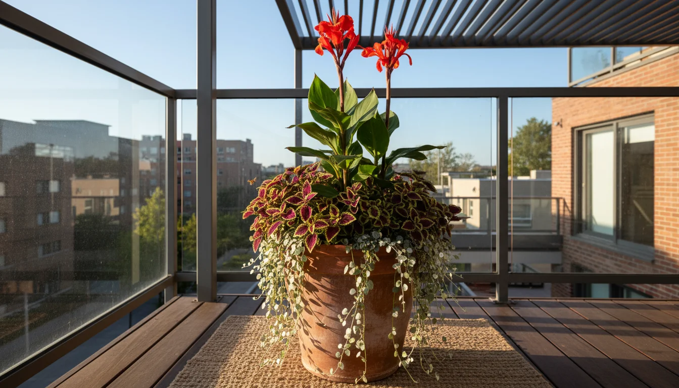 Vibrant balcony container with red canna lily (thriller), purple coleus (filler), and cascading sweet potato vine (spiller) in a terracotta pot.