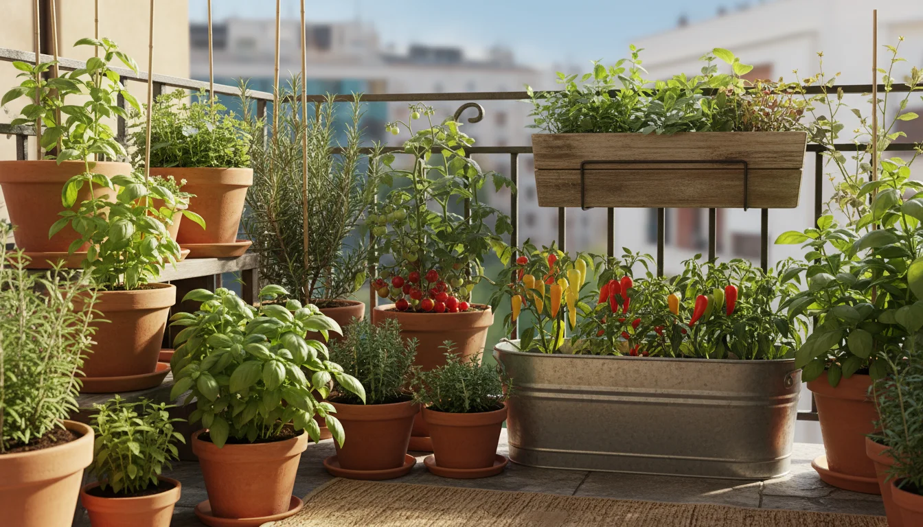 A vibrant balcony garden corner with various herbs and small vegetables thriving in terracotta, metal, and wooden containers.