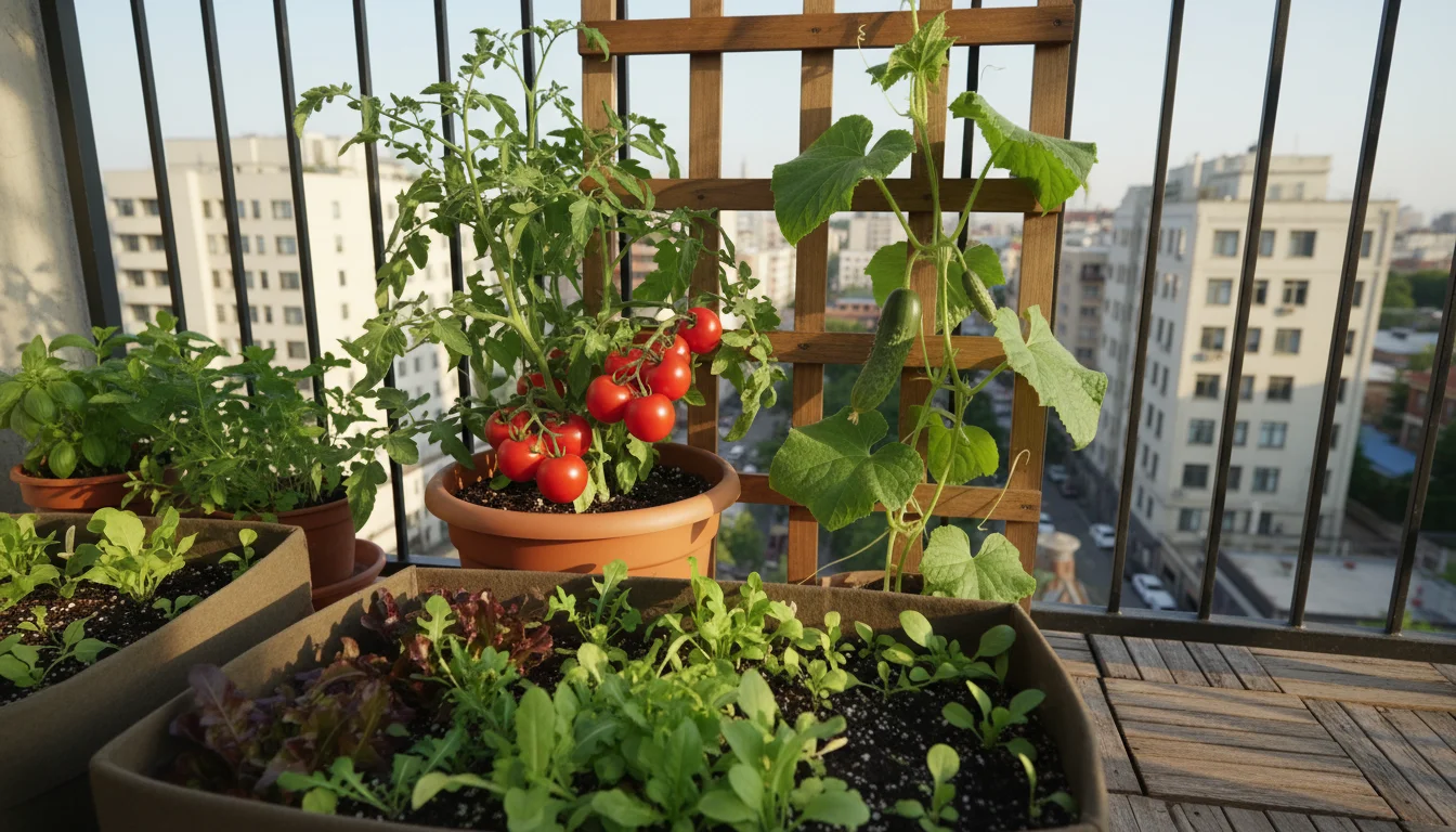 A vibrant balcony garden displaying lush greens, a compact tomato plant with red fruit, and a cucumber vine on a trellis.