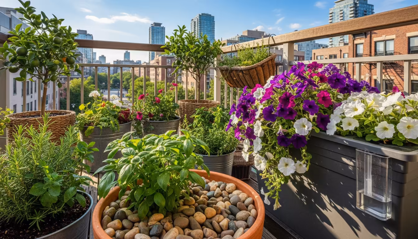 A vibrant balcony garden featuring mulched basil, self-watering petunias, and various pots with moisture gauges, thriving under summer sun.