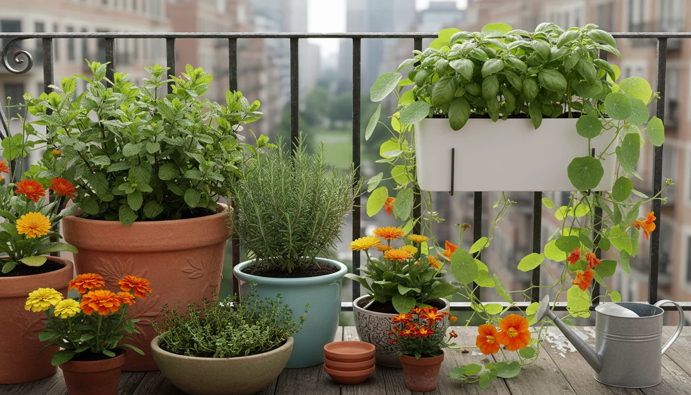 Vibrant, eye-level balcony garden with pest-repelling herbs like mint, rosemary, basil, alongside marigolds, calendula, and nasturtiums in pots.