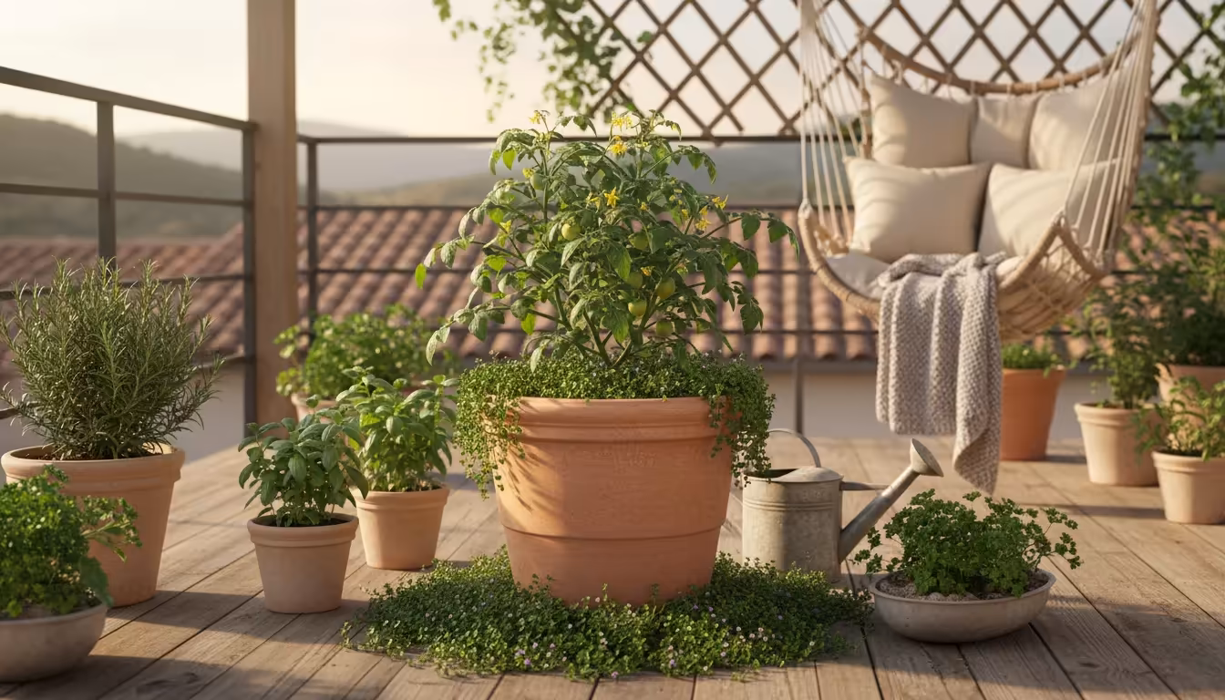 Vibrant balcony garden with terracotta pots. A patio tomato plant grows in a large pot, its soil covered by lush green edible groundcover, showcasing