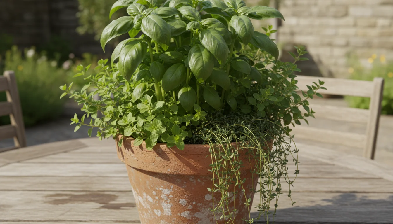 Vibrant basil, bushy oregano, and creeping thyme thriving together in a rustic terracotta pot on a wooden patio table.