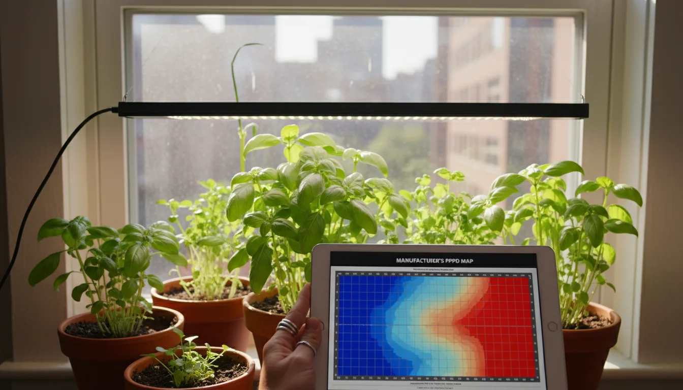 Close-up of vibrant basil and leafy greens thriving in pots under a modern LED grow light, with a hand holding a tablet displaying a PPFD map.