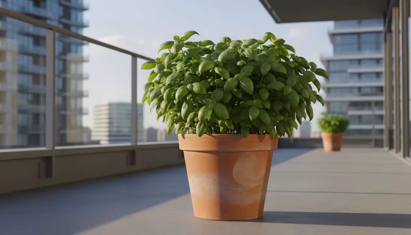 Vibrant basil and marigolds flourish in terracotta pots on a sunny urban balcony, showing subtle moisture on the pot surfaces.