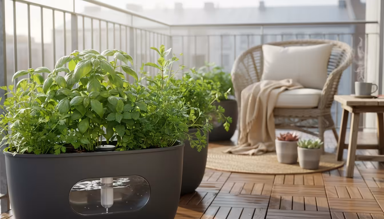Vibrant basil, mint, and parsley thriving in sleek charcoal-grey self-watering planters on a small urban balcony, showing a water reservoir window.