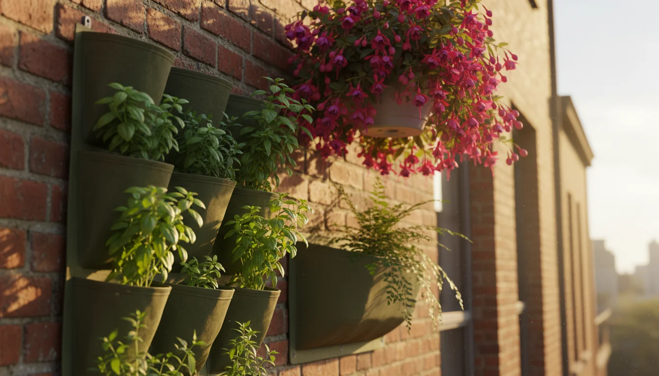 Vibrant basil and mint in sunny wall pockets, with a hanging fuchsia basket shading a fern below, showcasing smart vertical gardening on an urban balc
