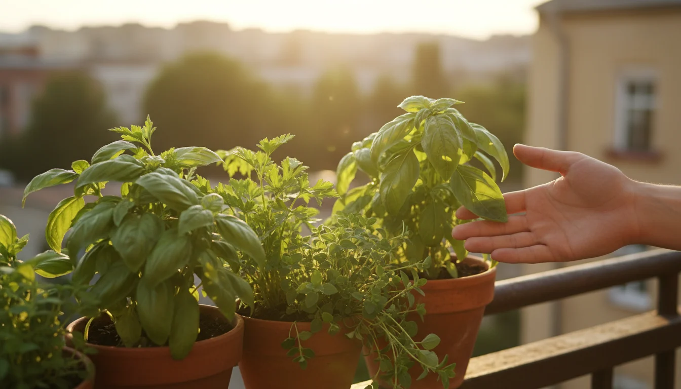 Vibrant basil, parsley, and oregano thrive in terracotta pots on a sunny balcony, a hand gently touching a leaf.