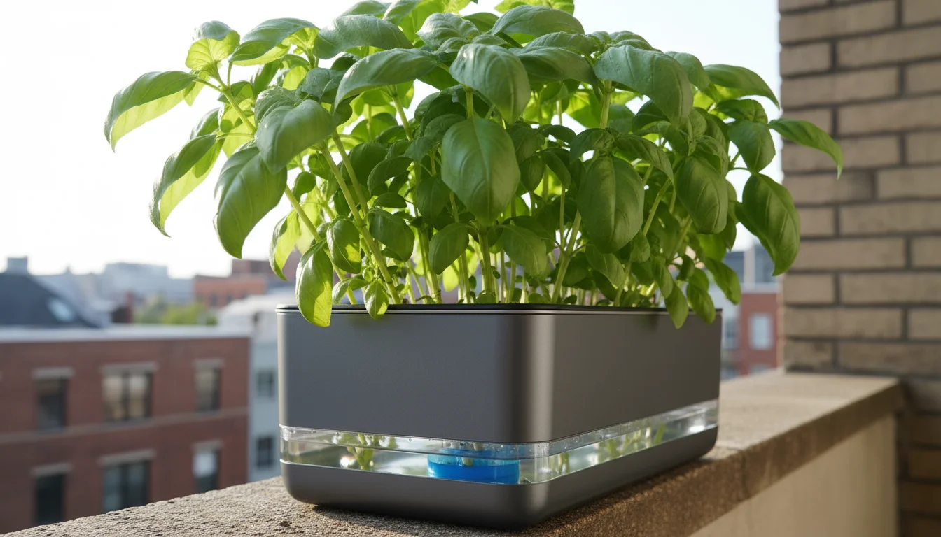 Close-up of a vibrant basil plant in a modern self-watering planter on a balcony, with its water level indicator clearly showing a full reservoir.