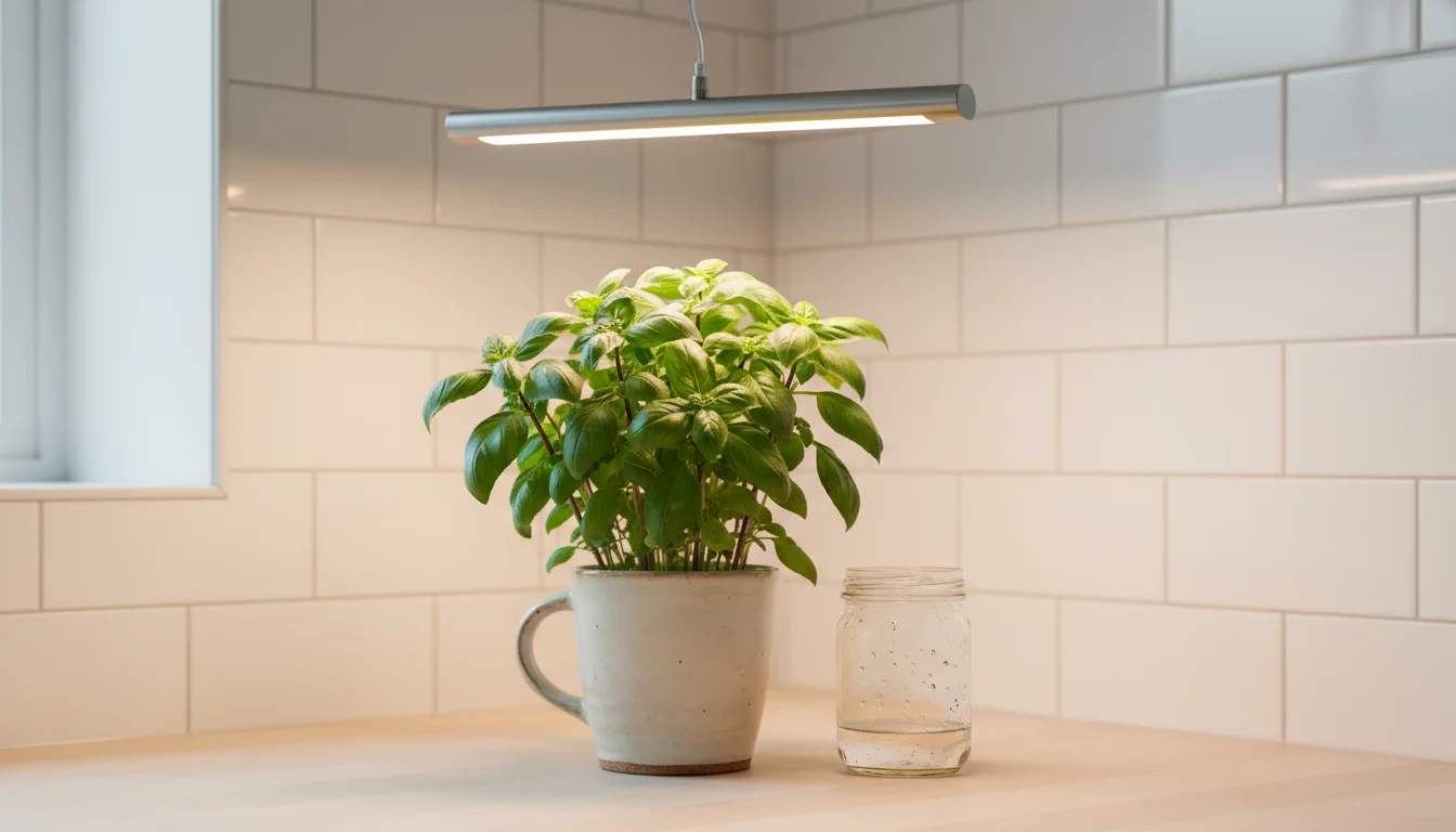 Vibrant basil plant in a repurposed ceramic mug under a small LED grow light, with a jar of collected rainwater on a kitchen counter.