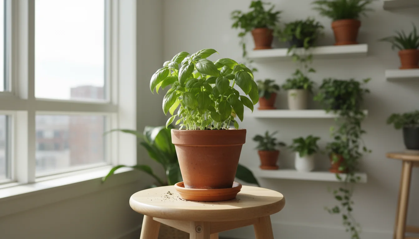 A vibrant basil plant in a terracotta pot sits alone on a light wooden stool, separate from other plants visible in the blurred background.