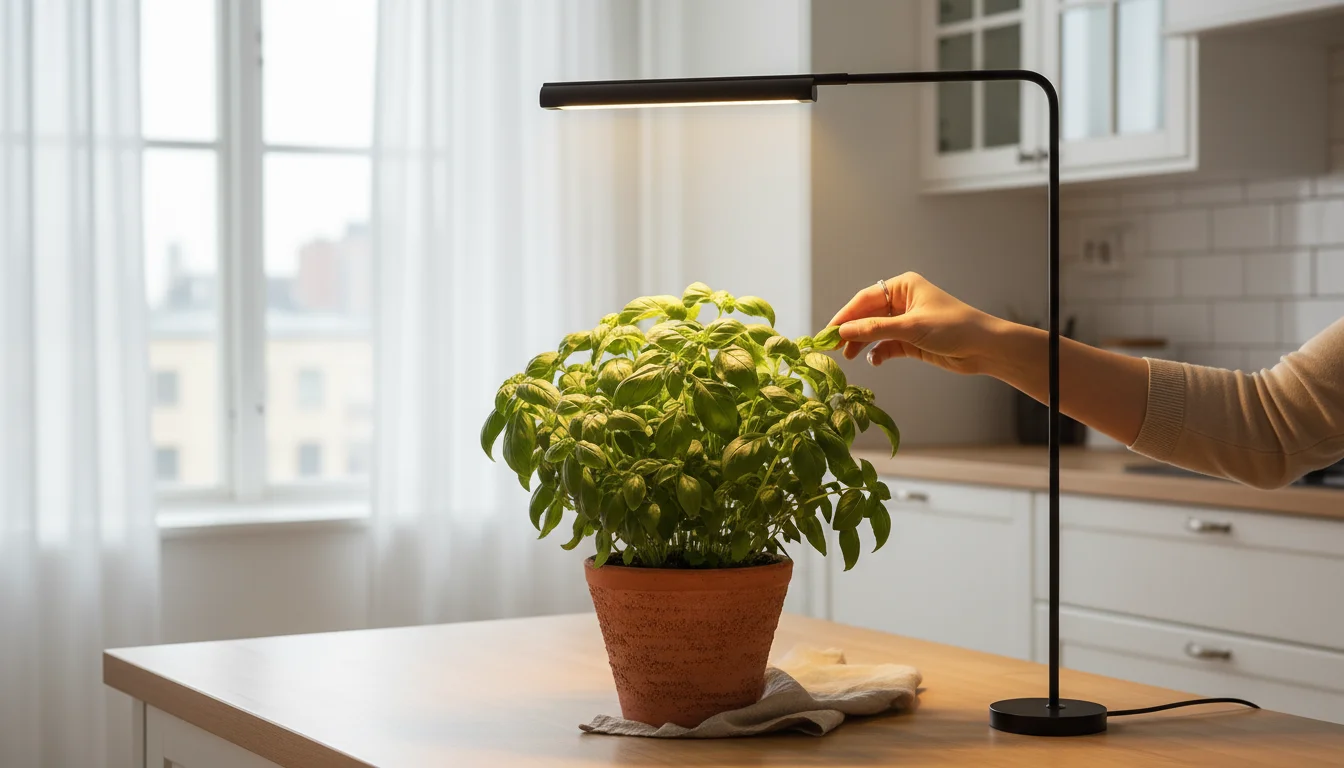 Vibrant basil plant in a terracotta pot under a small LED grow light on a kitchen counter, a hand picking a leaf.