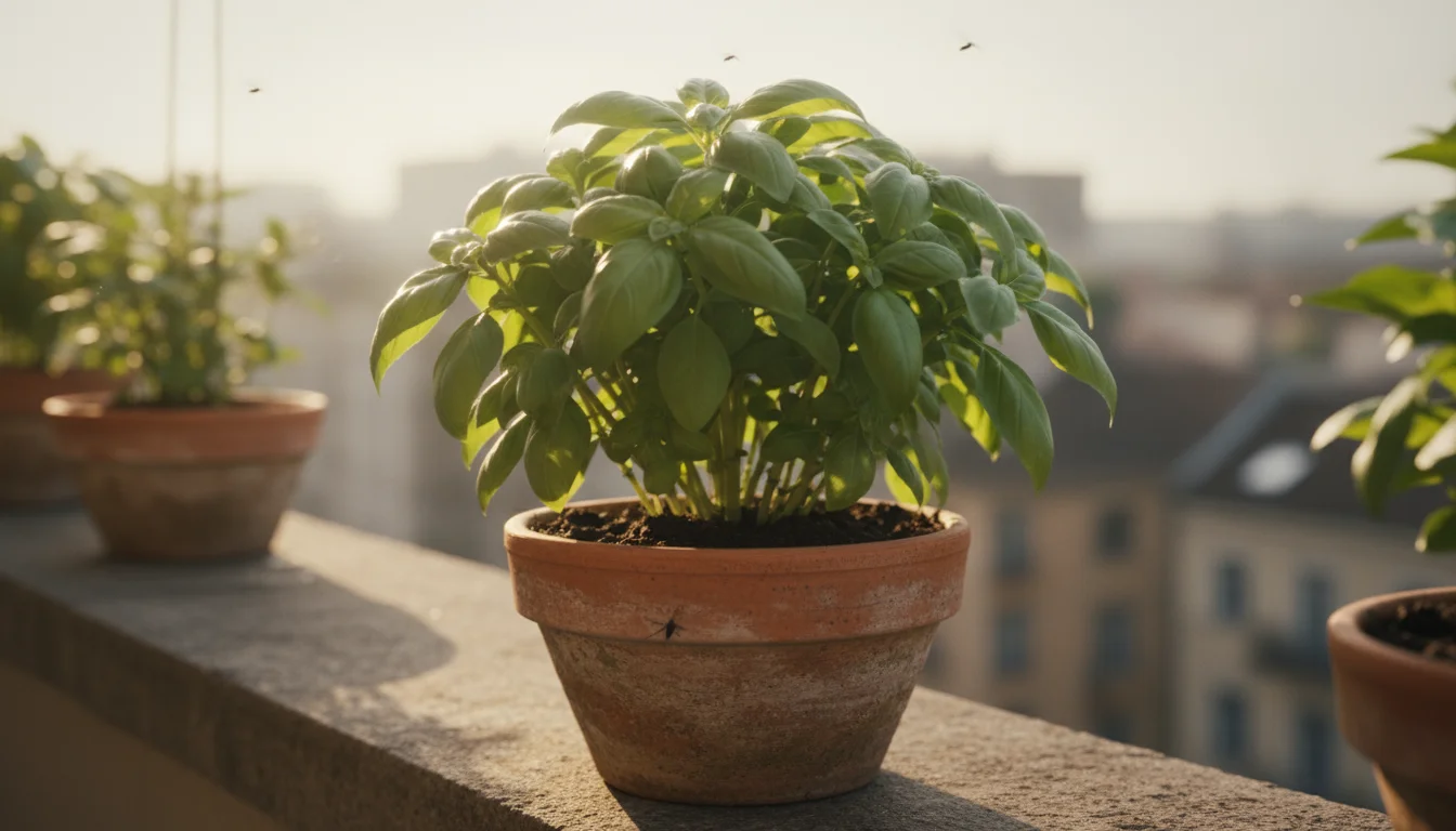 A vibrant basil plant in a terracotta pot on an urban balcony, with tiny dark fungus gnats visible on the moist soil and flying subtly above it.