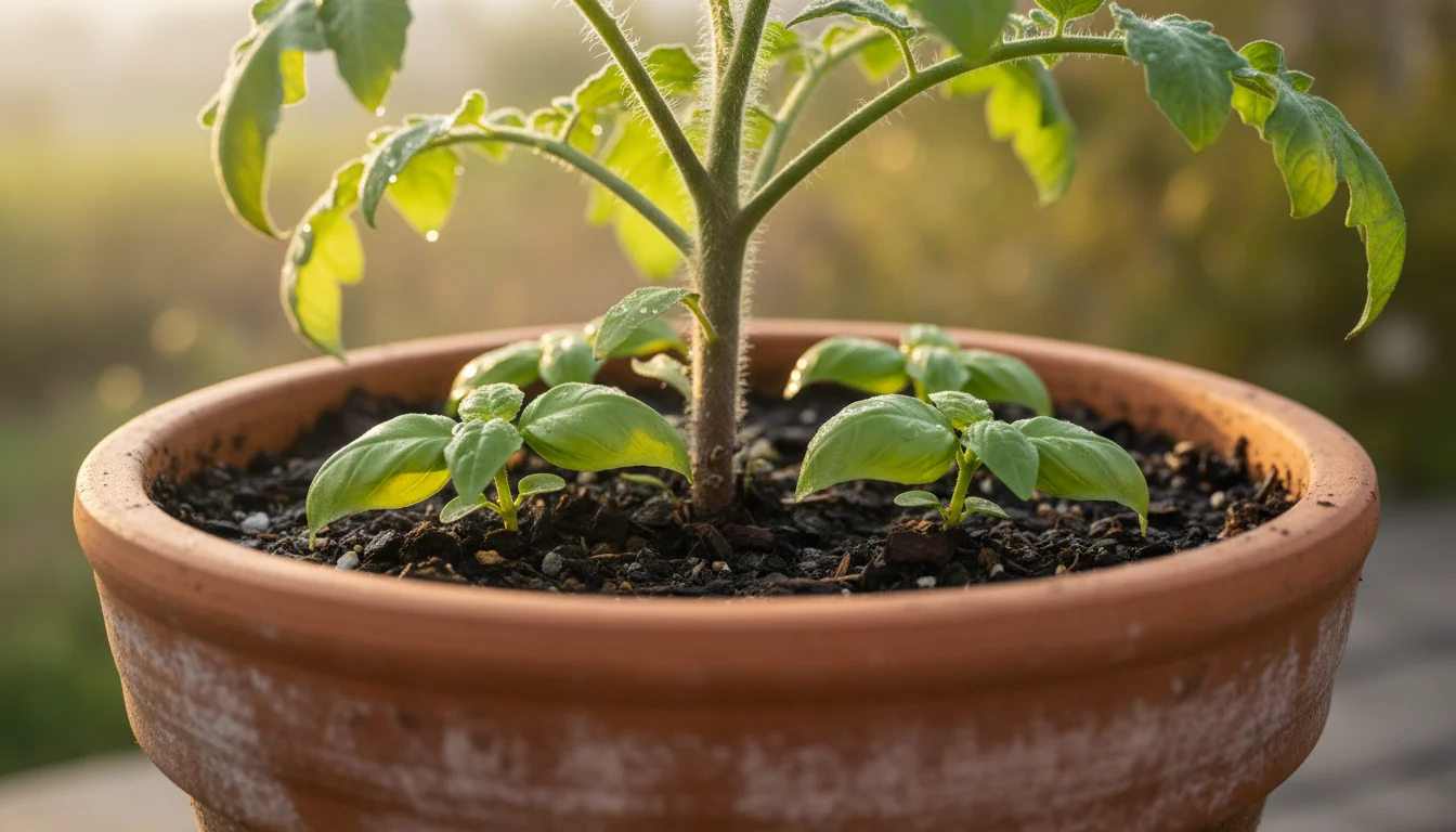 Close-up of vibrant basil plants nestled at the base of a determinate tomato plant in a terracotta pot, showcasing shared container gardening.