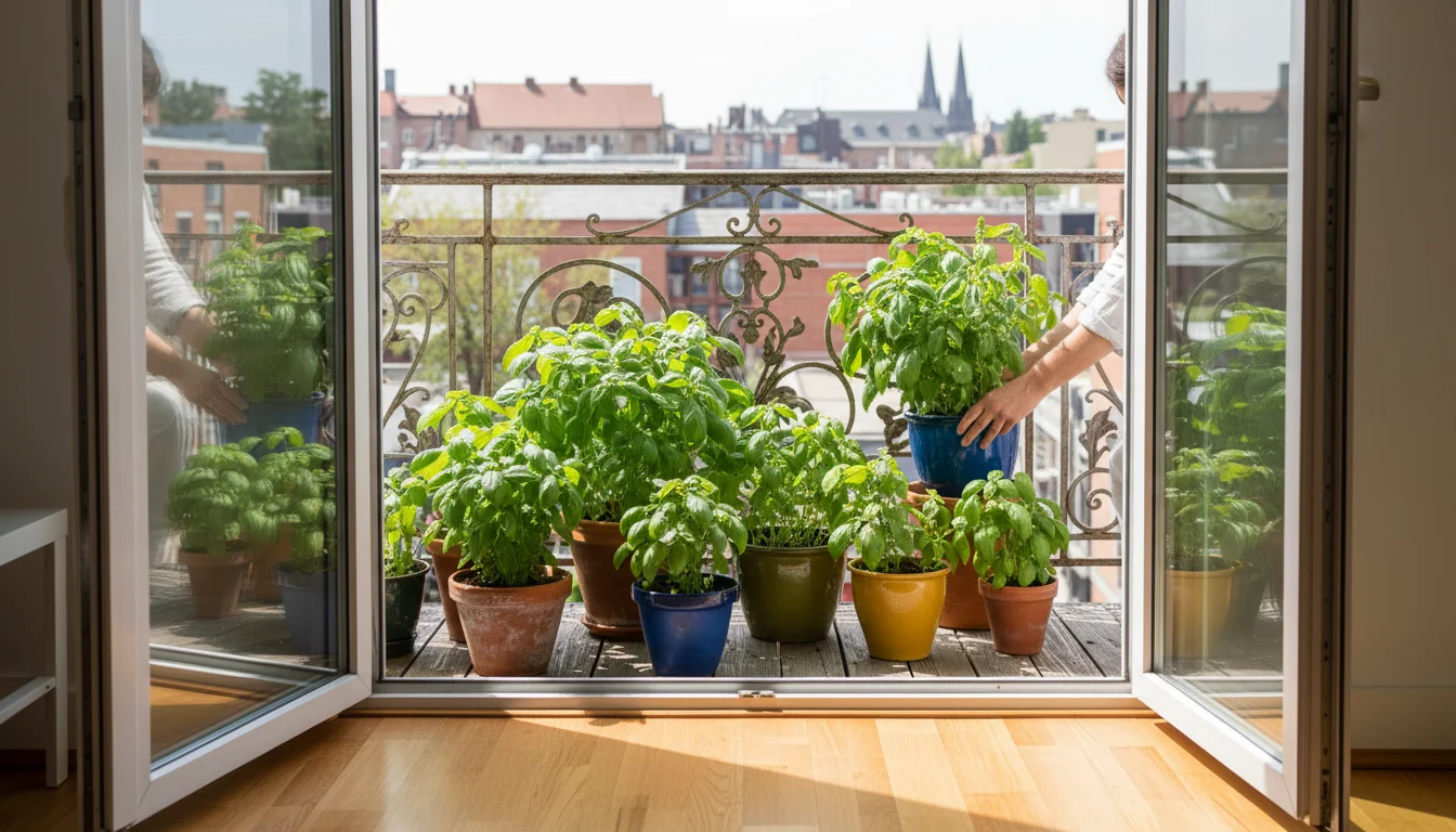 Vibrant basil plants in terracotta pots on a small, sunlit urban balcony, viewed from indoors through an open door, with hands gently arranging one.