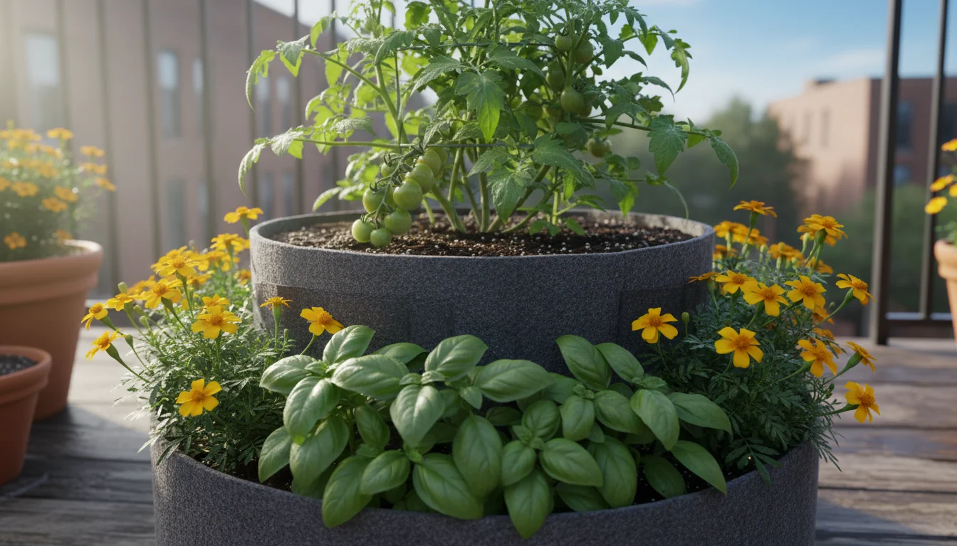 Close-up of vibrant basil, small tomato plant, and marigolds in a multi-tiered fabric planter, hinting at beneficial root interaction.