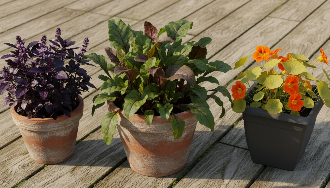 Vibrant beet greens bursting from a deep terracotta pot, with a hint of red root visible, glistening with morning dew on a wooden patio.