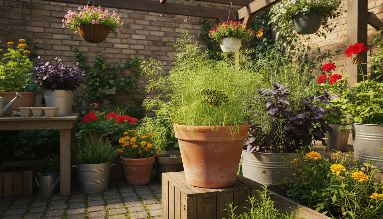 A vibrant Black Swallowtail caterpillar actively feeds on fresh dill in a terracotta pot on a sunny urban patio, surrounded by other native container