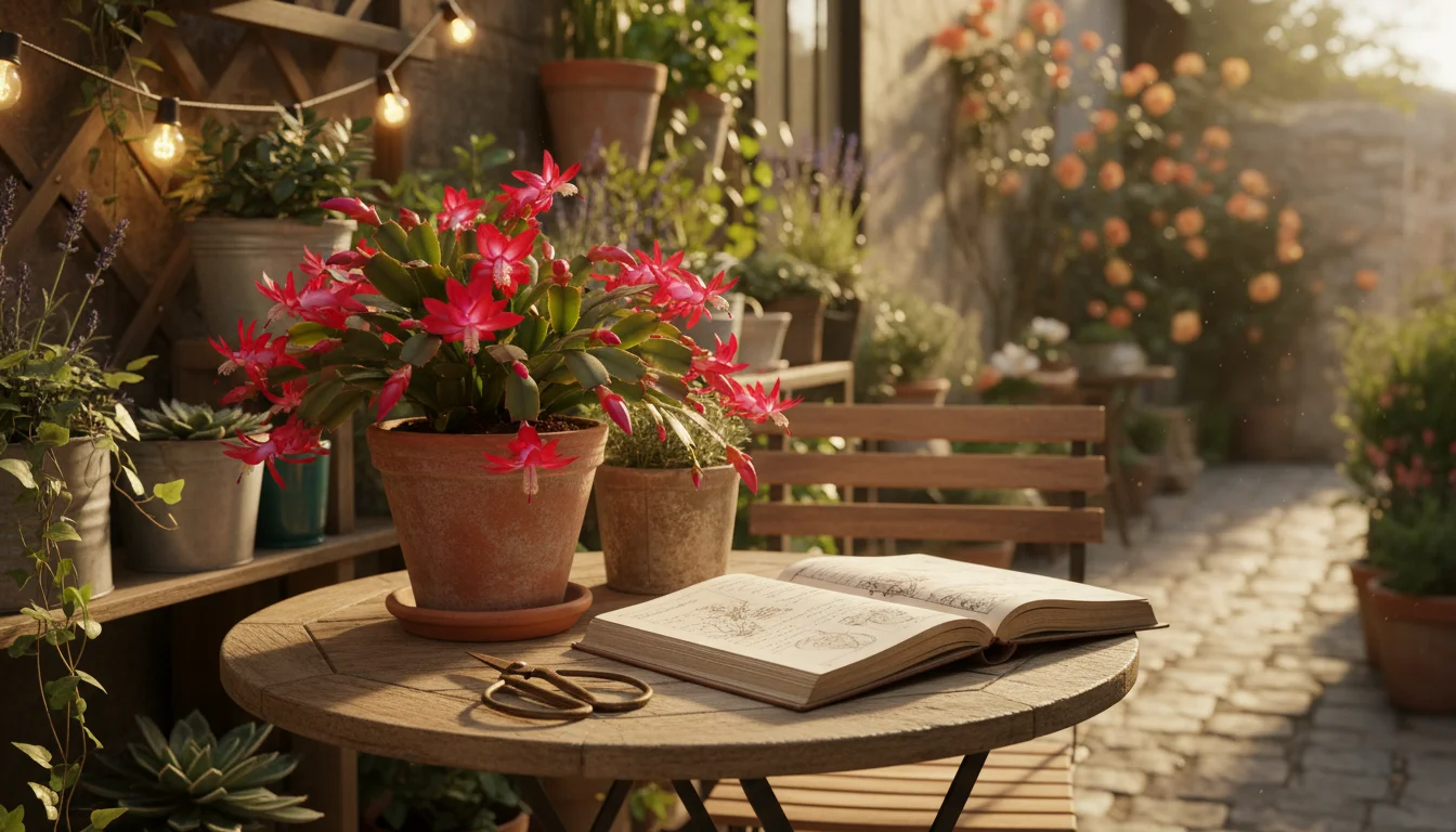 Vibrant, blooming Christmas cactus in a terracotta pot on a weathered patio table, next to an open gardening journal, surrounded by other container pl