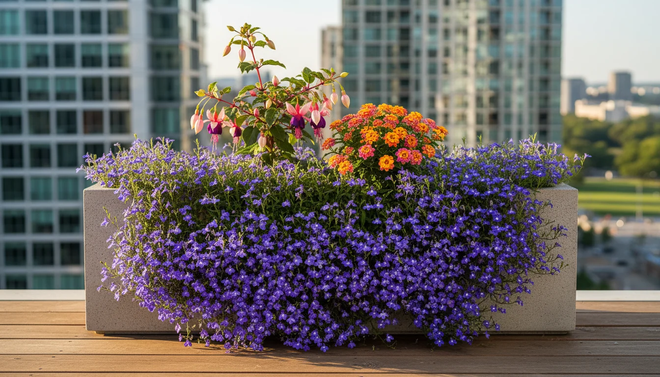 Vibrant blue and purple Lobelia trailing from a rectangular planter on a sunny balcony, with a small iridescent green bee near the flowers.