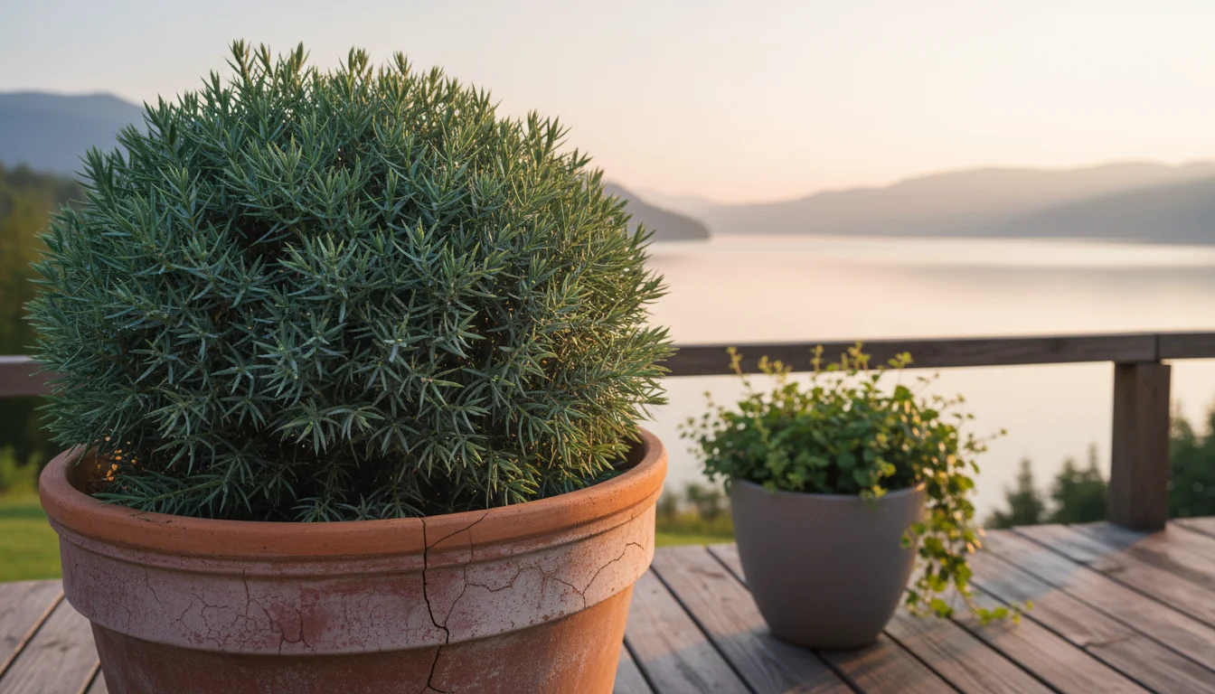 A vibrant 'Blue Star' juniper dwarf conifer in a terracotta pot, next to a 'Echeveria' succulent in a grey ceramic pot on a sunny patio.