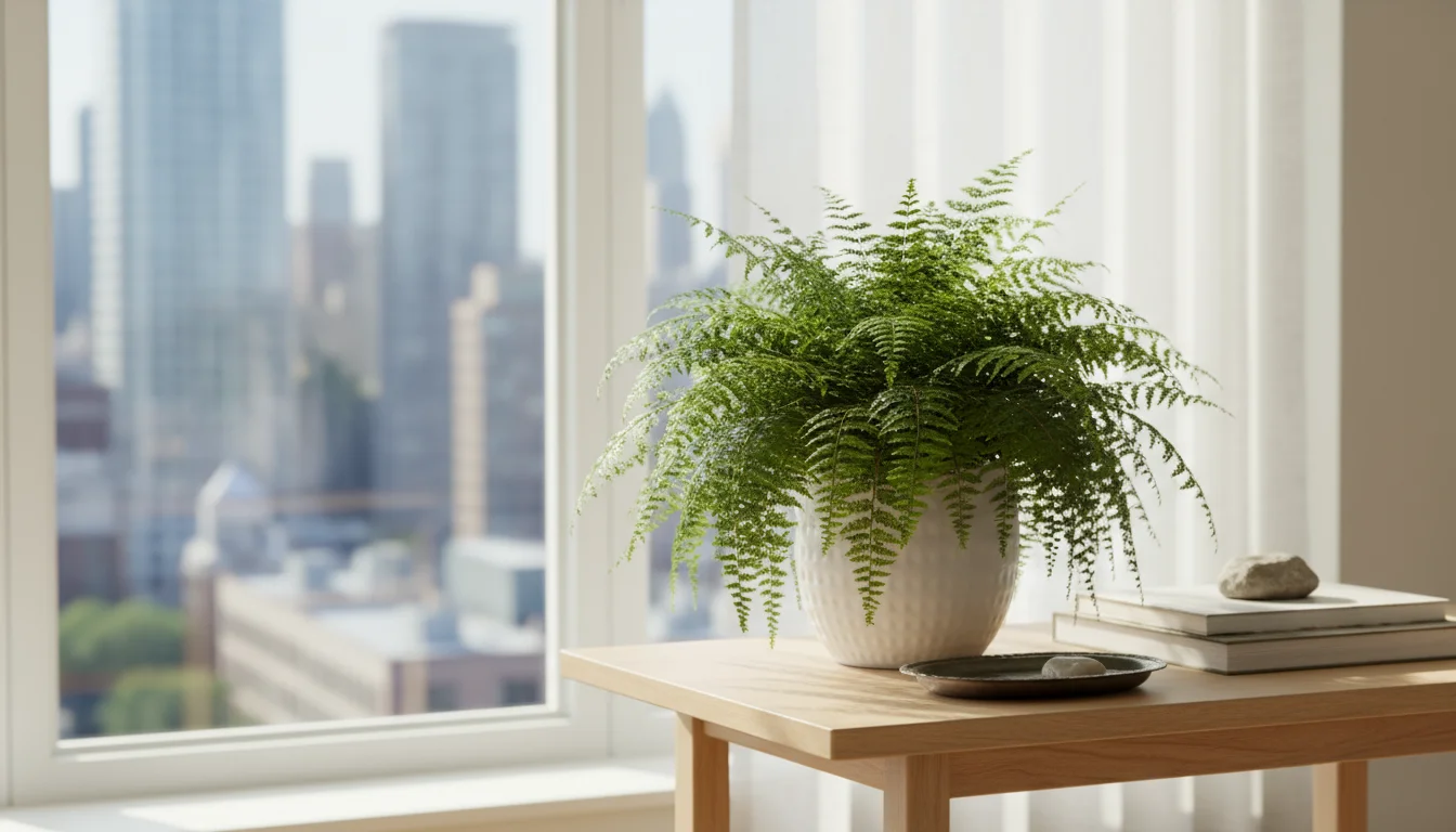 A vibrant Boston fern in a white pot on a wooden table, illuminated by soft light through a sheer window curtain in an urban apartment.