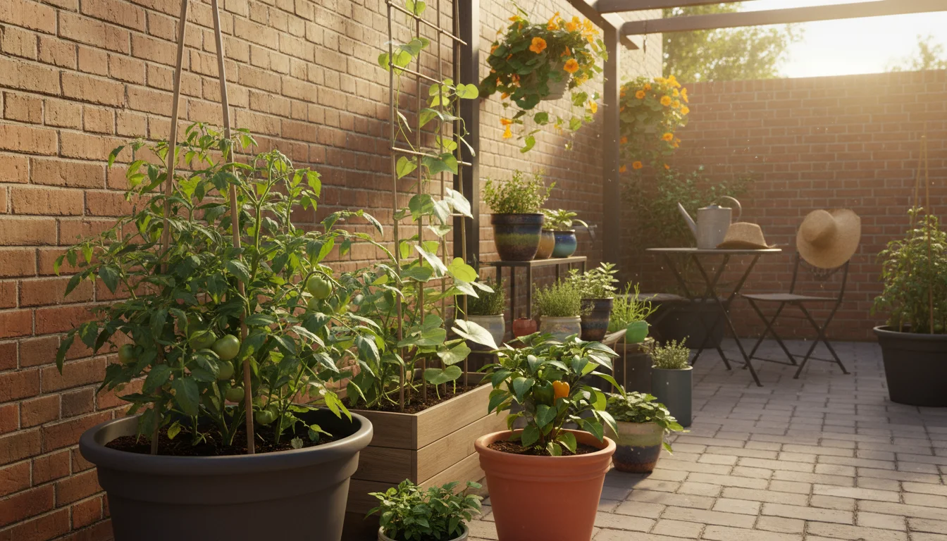 A vibrant bush tomato, bell pepper, and grouped herb plants thriving in appropriately sized containers on a sunny urban patio.