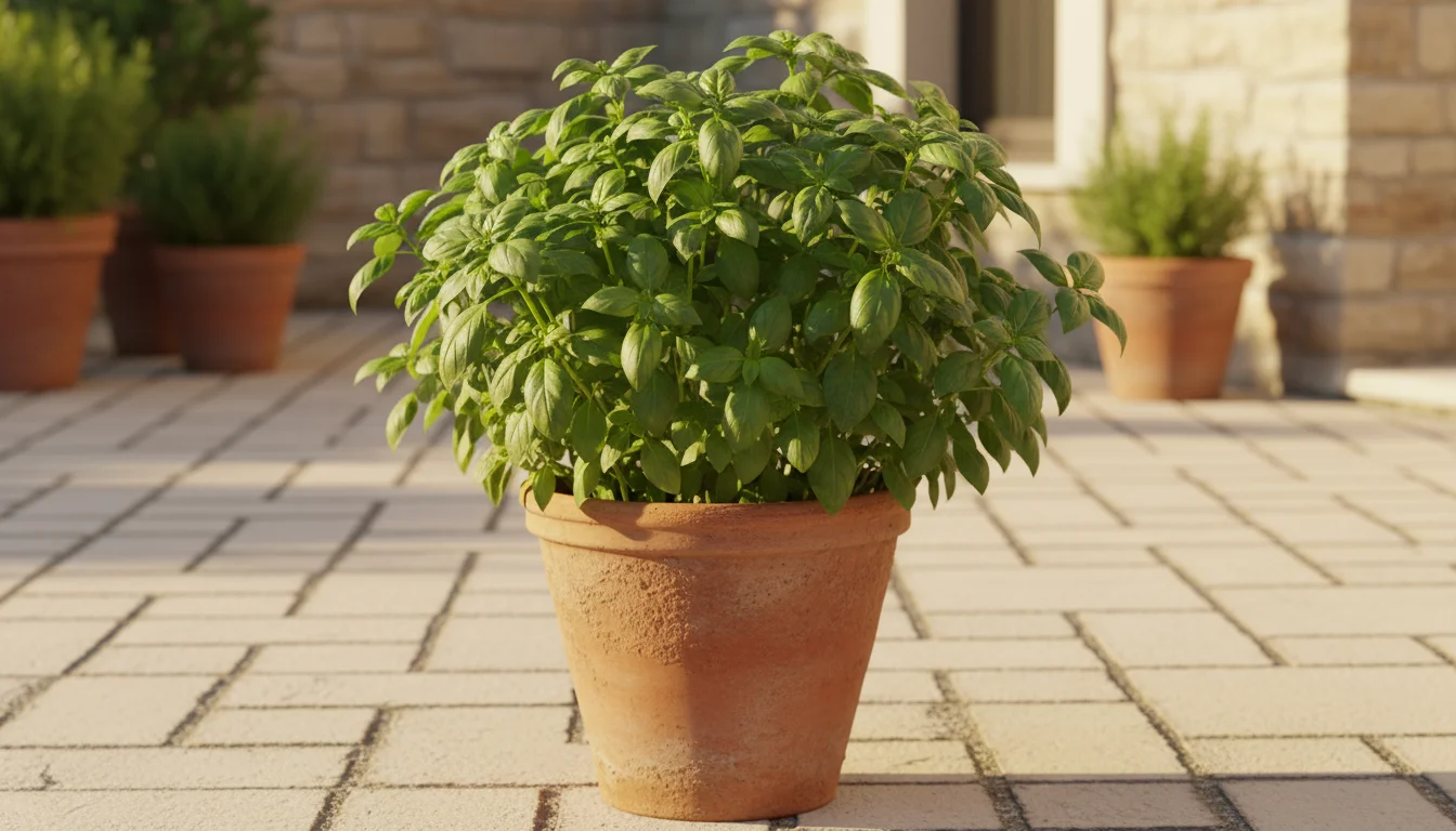 Vibrant, bushy Genovese basil plant thriving in a terracotta pot on a sunny patio, bathed in golden afternoon light.