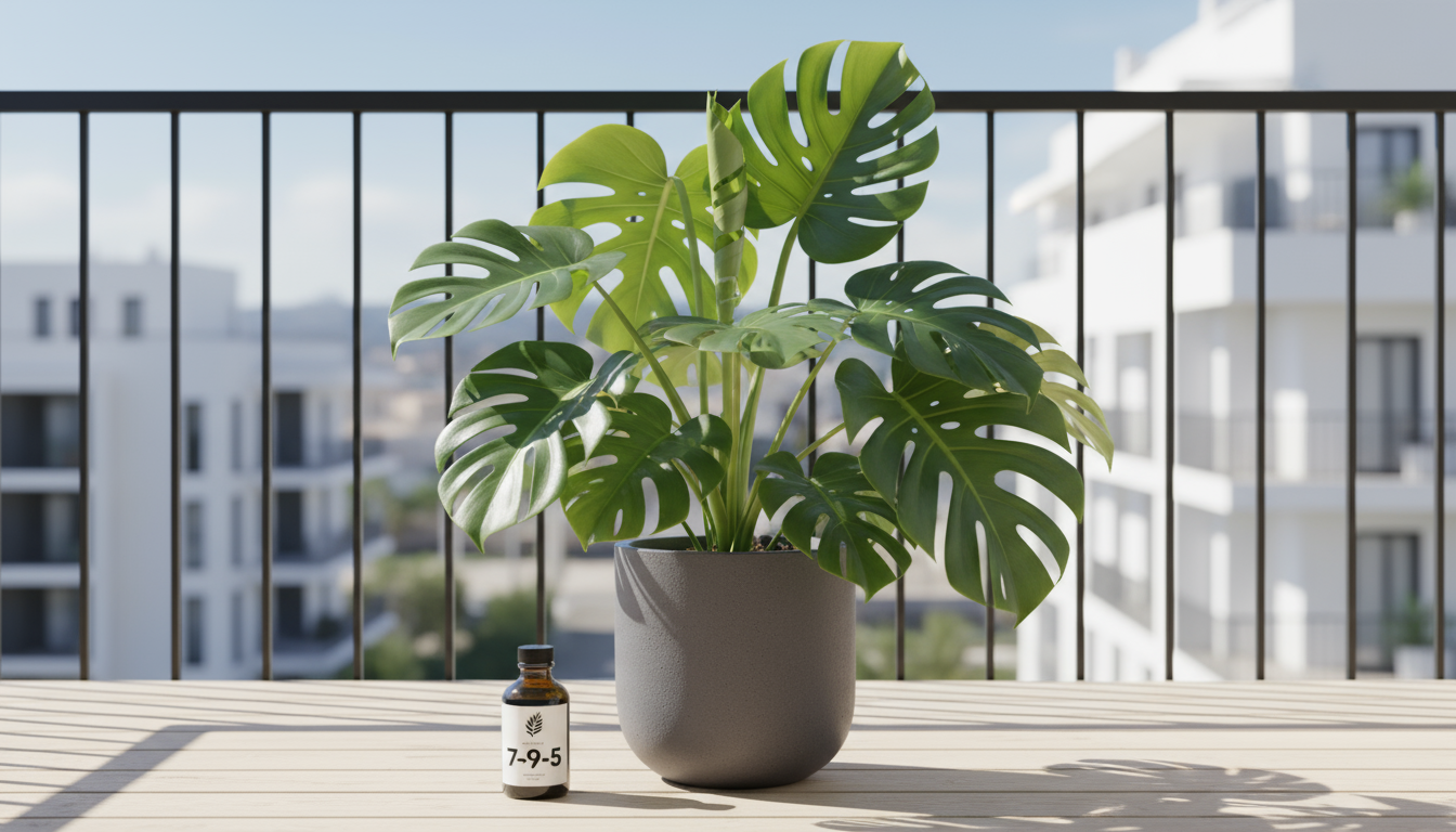 A Pothos plant in a terra cotta pot on a wooden stool, with roots visibly emerging from the drainage hole on a sunny balcony.