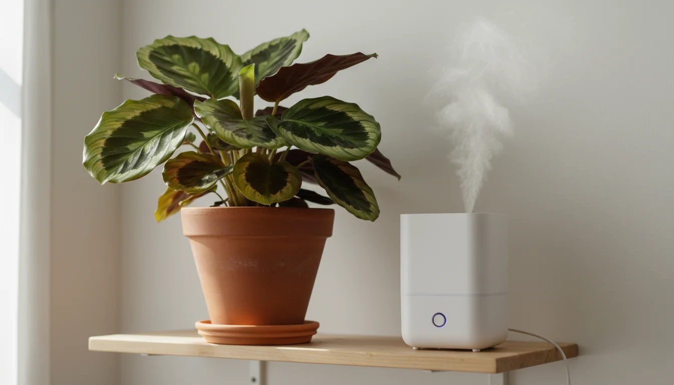 A vibrant Calathea Medallion plant with minor crispy leaf edges sits on a wooden shelf next to a small humidifier emitting mist.
