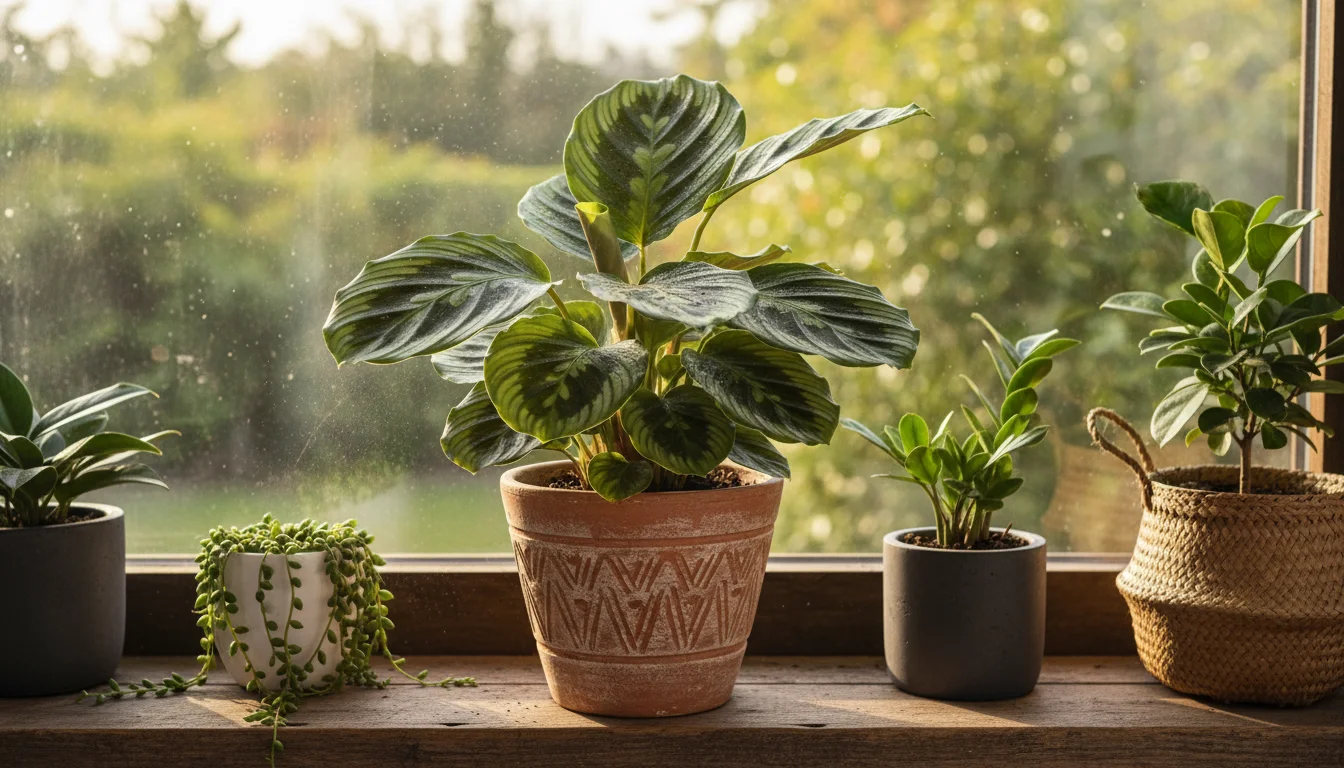 A vibrant Calathea orbifolia houseplant in a terracotta pot on a wooden windowsill, with hints of fine mist on its leaves, surrounded by other green h