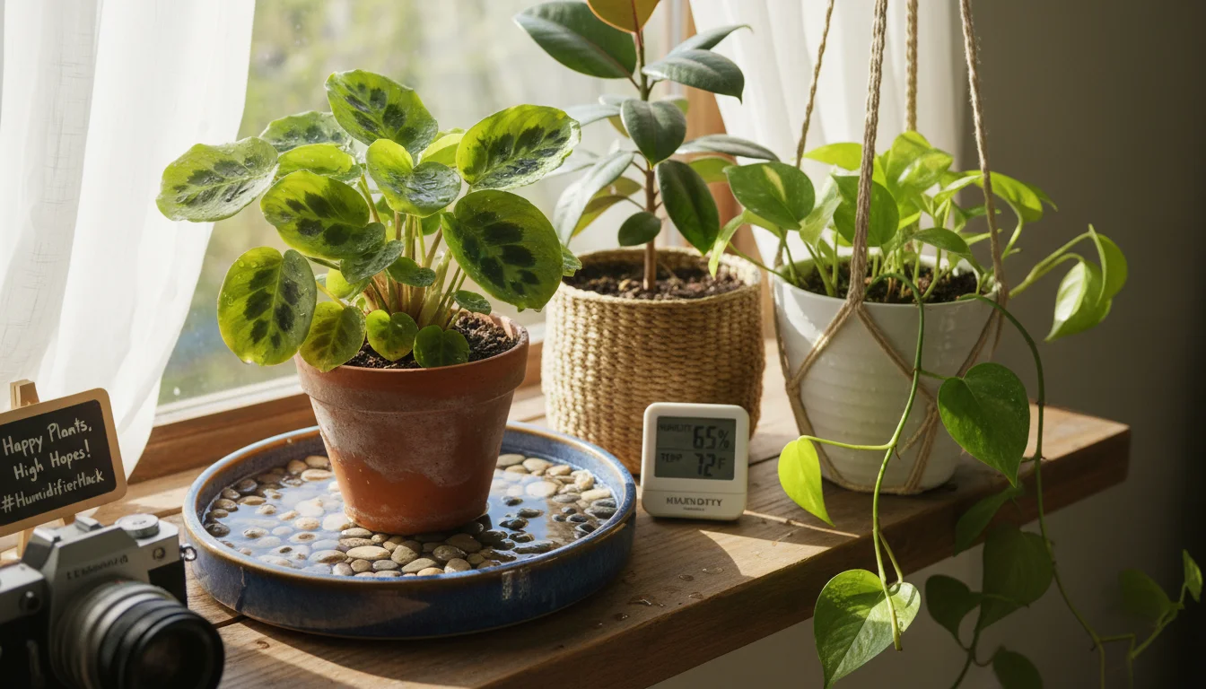 Close-up of a vibrant Calathea plant on a pebble tray with water and stones, surrounded by a fern and peace lily on a sunlit windowsill.