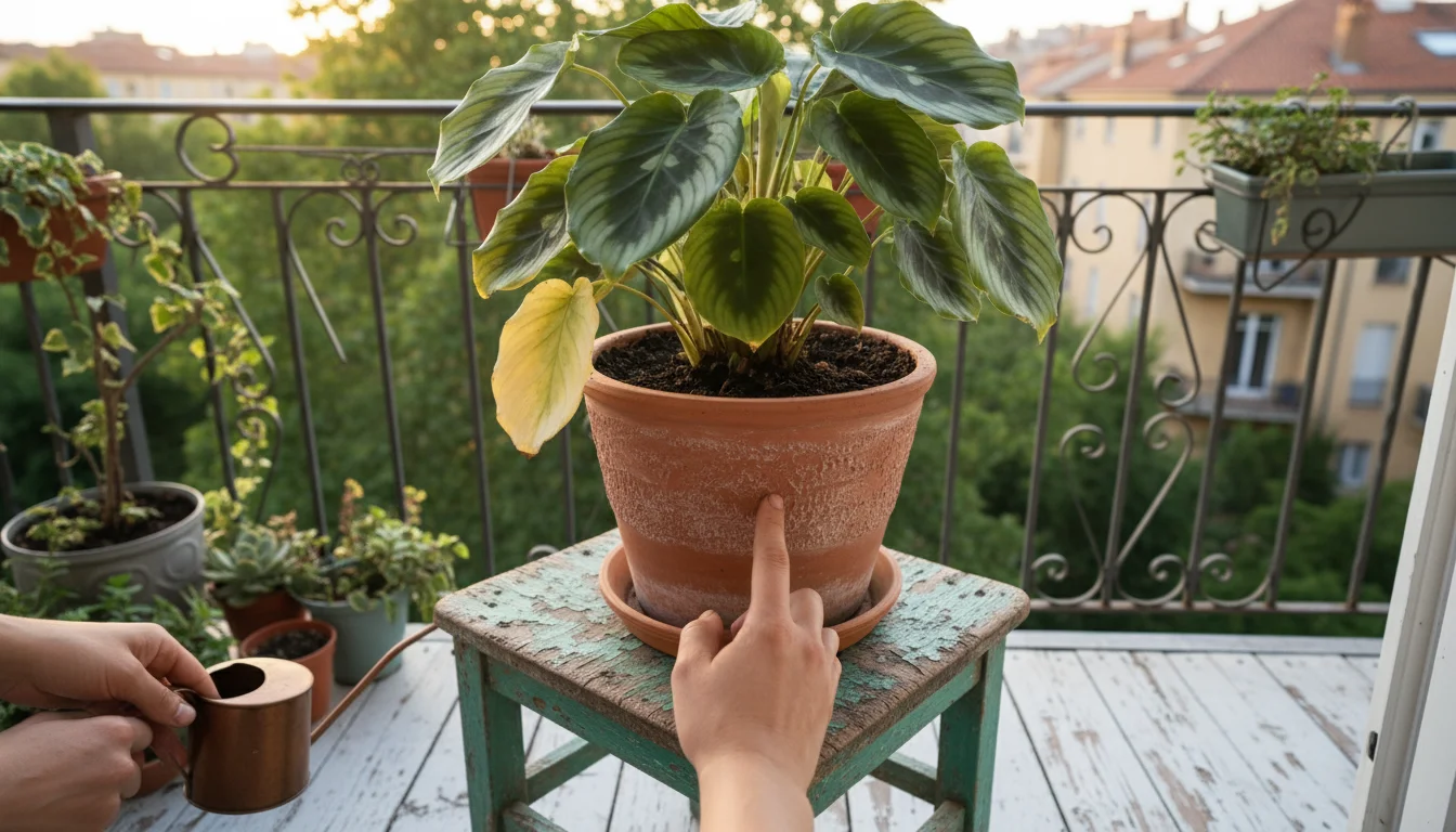 A vibrant Calathea plant in a terracotta pot with yellowing lower leaves. A person's finger gently presses into the soil.