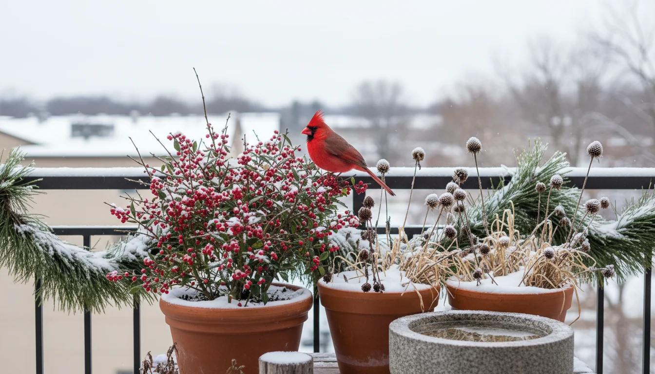 Vibrant cardinal on a containerized Winterberry Holly with red berries, dried seed heads in pots, and a small bird bath on a snowy balcony.