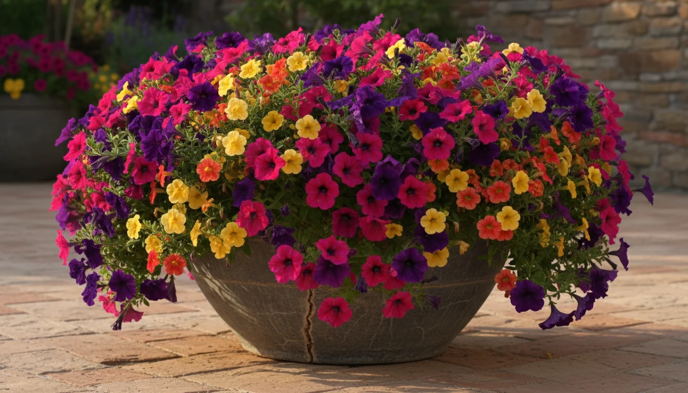 Vibrant ceramic planter on a sunny patio overflowing with fuchsia petunias and yellow calibrachoa, with subtle hints of past spring blooms.