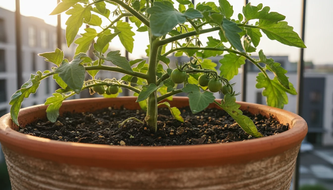 Close-up of a vibrant cherry tomato plant rooted in dark, rich soil in a terracotta pot on a sunny urban balcony.