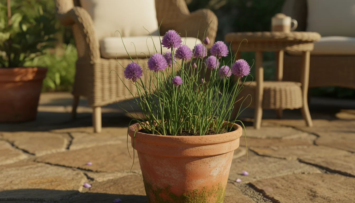 Vibrant chives with green leaves and purple flowers in a weathered terracotta pot on a sun-dappled flagstone patio, with a blurred wicker chair in the