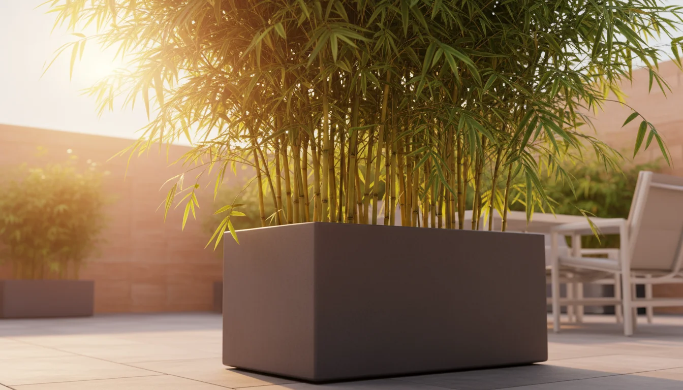 Vibrant clumping bamboo in a dark gray container, thriving in bright sun on a small patio, providing natural privacy.