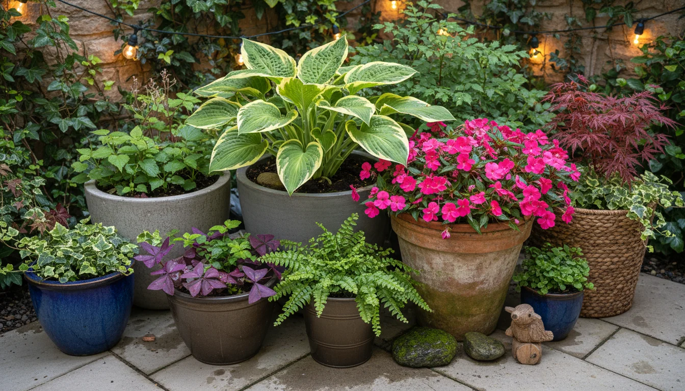 A vibrant cluster of shade-tolerant container plants, including variegated hosta, pink impatiens, and a fern, arranged in a softly lit patio corner.
