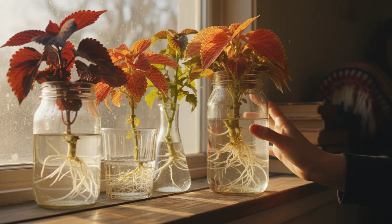 Vibrant coleus cuttings with clear white roots visible in glass jars on a rustic windowsill, a hand gently holding one.