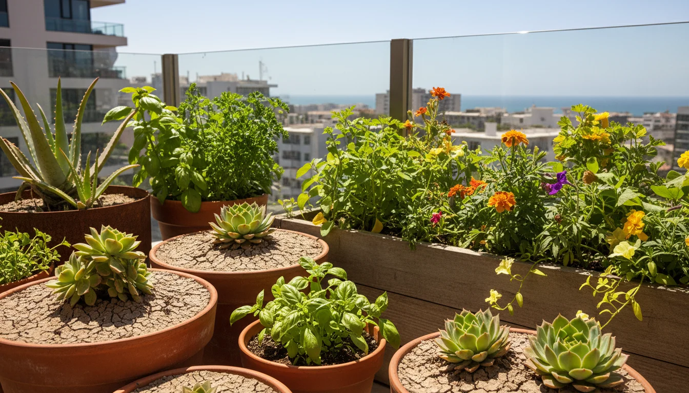 A vibrant collection of container plants on a sunny patio, with visibly dry topsoil in pots, yet lush, healthy foliage.