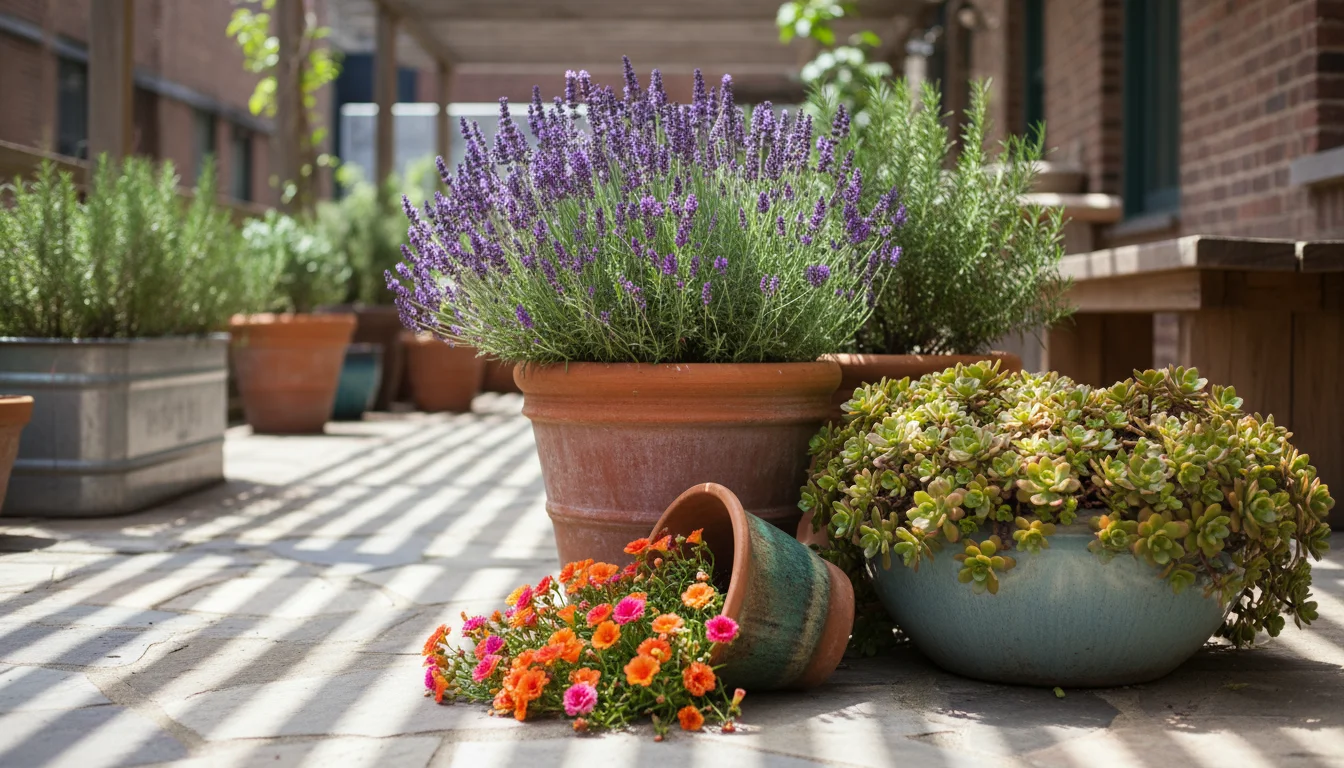 A vibrant collection of drought-tolerant plants, including blooming lavender, sedum, rosemary, and colorful portulaca, displayed in diverse containers
