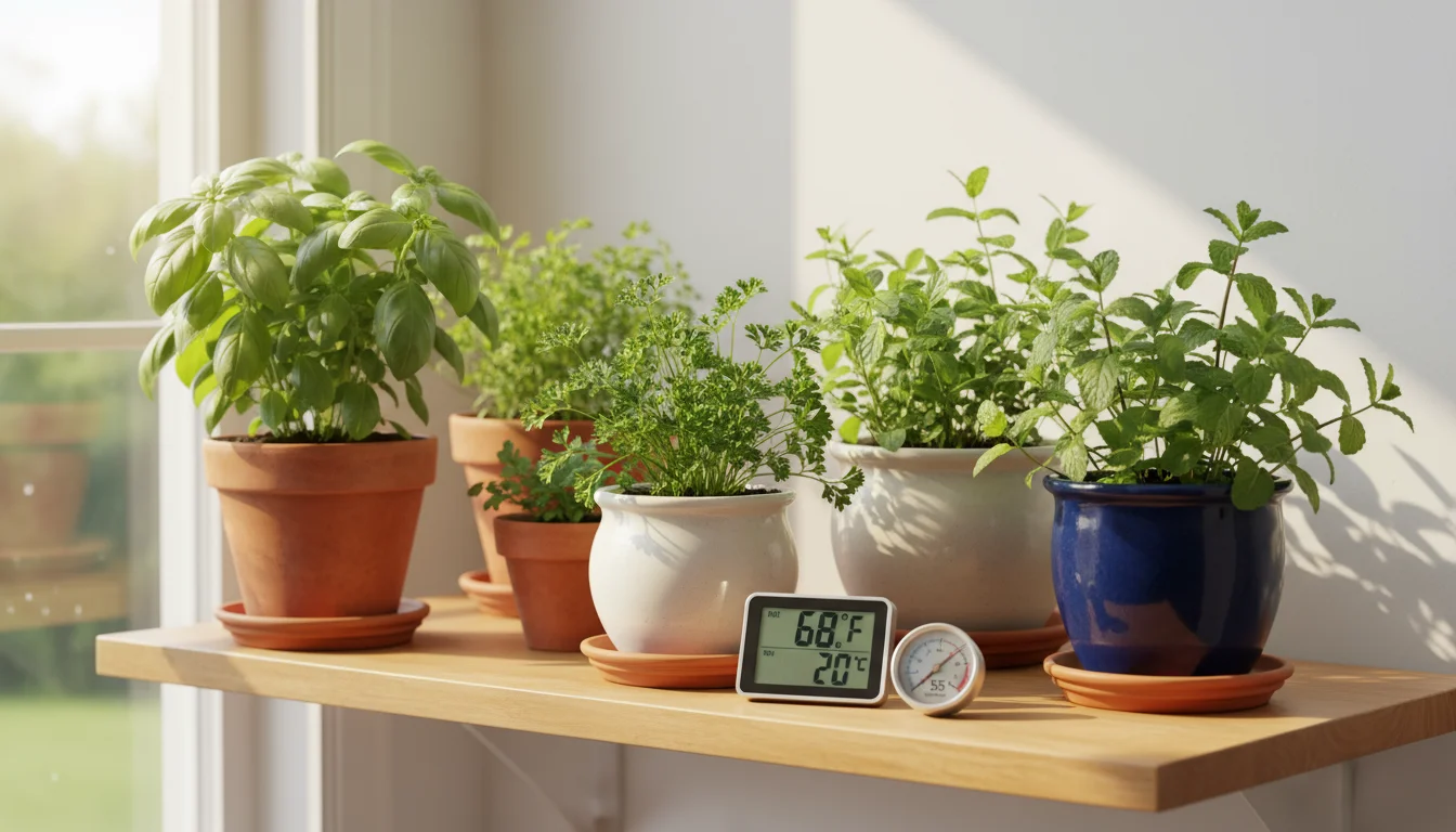 A vibrant collection of healthy indoor herbs in various pots on a wooden shelf, with a digital thermometer showing 68°F.