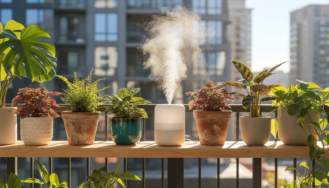 A vibrant collection of lush houseplants on a minimalist wooden shelf on an urban balcony, with a small white humidifier emitting mist.